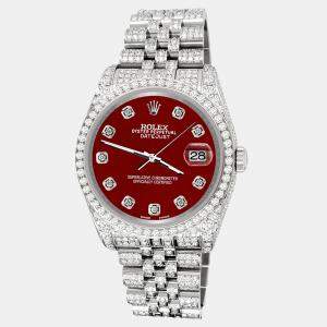 Rolex Custom Scarlet Red 10.2ct Diamonds Stainless Steel Datejust 116200 Automatic Men's Wristwatch 36mm