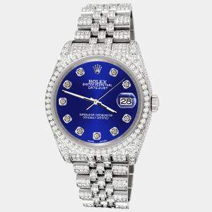 Rolex Custom Navy Blue 10.2ct Diamonds Stainless Steel Datejust 116200 Automatic Men's Wristwatch 36mm