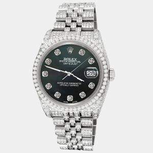 Rolex Custom Black 10.2ct Diamonds Stainless Steel Datejust 116200 Automatic Men's Wristwatch 36mm