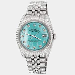 Rolex Custom Aquamarine 10.2ct Diamonds Stainless Steel Datejust 116200 Automatic Men's Wristwatch 36mm