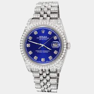 Rolex Custom Navy Blue 10.2ct Diamonds Stainless Steel Datejust 116200 Automatic Men's Wristwatch 36mm