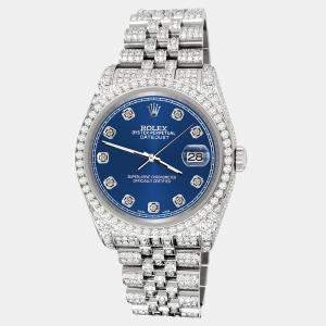 Rolex Custom Cobalt Blue 10.2ct Diamonds Stainless Steel Datejust 116200 Automatic Men's Wristwatch 36mm