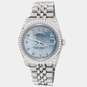 Rolex Custom Sky Blue 10.2ct Diamonds Stainless Steel Datejust 116200 Automatic Men's Wristwatch 36mm
