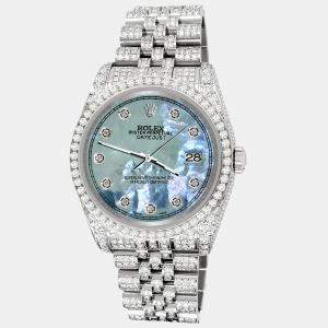 Rolex Custom Tahitian Blue 10.2ct Diamonds Stainless Steel Datejust 116200 Automatic Men's Wristwatch 36mm