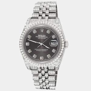 Rolex Custom Rhodium Gray 10.2ct Diamonds Stainless Steel Datejust 116200 Automatic Men's Wristwatch 36mm