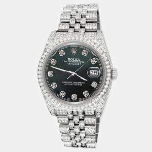 Rolex Custom Black 10.2ct Diamonds Stainless Steel Datejust 116200 Automatic Men's Wristwatch 36mm