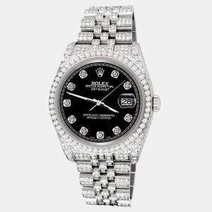 Rolex Custom Black 10.2ct Diamonds Stainless Steel Datejust 116200 Automatic Men's Wristwatch 36mm