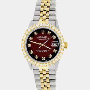 Rolex Custom Maroon Vignette 3.05CT Diamond 18K Yellow Gold Stainless Steel Datejust  Automatic Men's Wristwatch 36mm