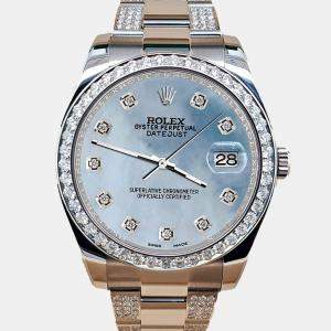 Rolex Custom Sky Blue MOP 5ct Diamond Stainless Steel Datejust II 116300 Automatic Men's Wristwatch 41 mm