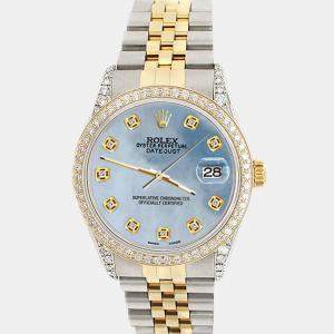 Rolex Custom Sky Blue MOP 1.4ct Diamond 18k Yellow Gold Stainless Steel Datejust Automatic Men's Wristwatch 36 mm