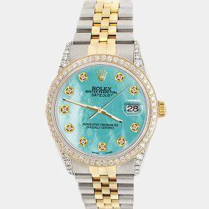Rolex Custom Aquamarine MOP 1.4ct Diamond 18k Yellow Gold Stainless Steel Datejust Automatic Men's Wristwatch 36 mm