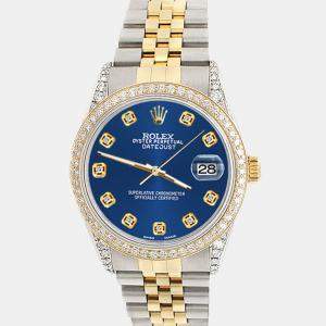 Rolex Custom Cobalt Blue 1.4ct Diamond 18k Yellow Gold Stainless Steel Datejust Automatic Men's Wristwatch 36 mm