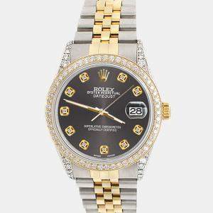 Rolex Custom Rhodium Grey 1.4ct Diamond 18k Yellow Gold Stainless Steel Datejust Automatic Men's Wristwatch 36 mm