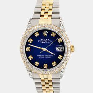 Rolex Custom Blue Vignette 1.4ct Diamond 18k Yellow Gold Stainless Steel Datejust Automatic Men's Wristwatch 36 mm