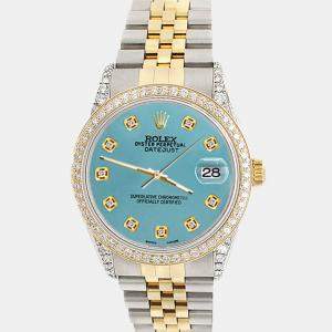 Rolex Custom Turquoise 1.4ct Diamond 18k Yellow Gold Stainless Steel Datejust Automatic Men's Wristwatch 36 mm