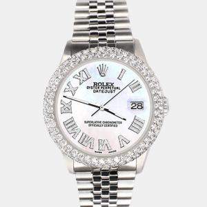 Rolex Custom 4.6ct White MOP Diamond Stainless Steel Datejust Automatic Men's Wristwatch 36 mm
