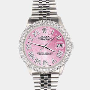 Rolex Custom Pink 4.6ct Diamond Stainless Steel Datejust Automatic Men's Wristwatch 36 mm