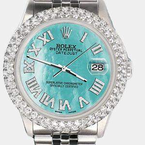 Rolex Custom Aquamarine 4.6ct Diamond Stainless Steel Datejust Automatic Men's Wristwatch 36 mm