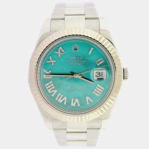 Rolex Turquoise MOP Diamond 18k White Gold Stainless Steel Datejust II 116334 Automatic Men's Wristwatch 41 mm
