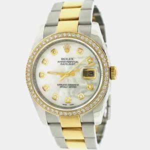 Rolex White MOP Diamond 18k Yellow Gold Stainless Steel Datejust Automatic Men's Wristwatch 36 mm