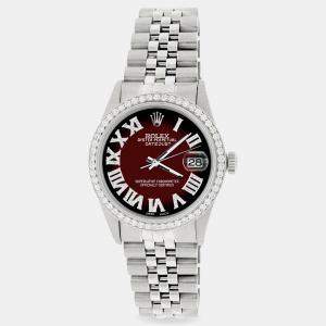 Rolex Custom Maroon Vignette Diamond Stainless Steel Datejust  Automatic Men's Wristwatch 36MM