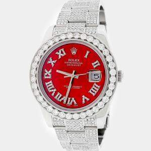 Rolex Customised Red MOP 9.8CT Diamond Stainless Steel Datejust II 116300 Automatic Men's Wristwatch 41mm