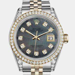 Rolex Customised Black MOP Diamond 18K Yellow Gold Stainless Steel Datejust 16013 Automatic Men's Wristwatch 36mm