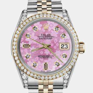 Rolex Customised Pink MOP Diamond 18K Yellow Gold Stainless Steel Datejust 16013 Automatic Men's Wristwatch 36mm