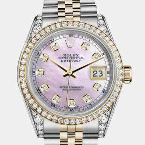 Rolex Customised Pink MOP Diamond 18K Yellow Gold Stainless Steel Datejust 16013 Automatic Men's Wristwatch 36mm