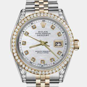 Rolex Customised White MOP Diamond 18K Yellow Gold Stainless Steel Datejust 16013 Automatic Men's Wristwatch 36mm