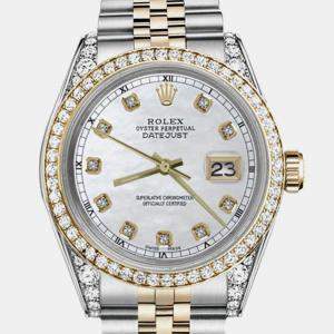Rolex Customised White MOP Diamond 18K Yellow Gold Stainless Steel Datejust 16013 Automatic Men's Wristwatch 36mm