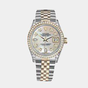 Rolex Customised White MOP Diamond 18K Yellow Gold Stainless Steel Datejust 16013 Automatic Men's Wristwatch 36mm