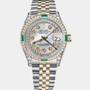 Rolex Customised White MOP Diamond 18K Yellow Gold Stainless Steel Datejust 16013 Automatic Men's Wristwatch 36mm