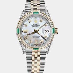 Rolex Customised White MOP Diamond 18K Yellow Gold Stainless Steel Datejust 16013 Automatic Men's Wristwatch 36mm