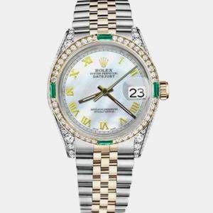 Rolex Customised White MOP Diamond 18K Yellow Gold Stainless Steel Datejust 16013 Automatic Men's Wristwatch 36mm