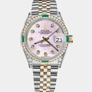 Rolex Customised Pink MOP Diamond 18K Yellow Gold Stainless Steel Datejust 16013 Automatic Men's Wristwatch 36mm