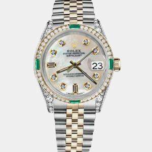 Rolex Customised White MOP Diamond 18K Yellow Gold Stainless Steel Datejust 16013 Automatic Men's Wristwatch 36mm