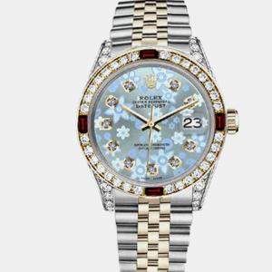 Rolex Customised Ice Blue Diamond 18K Yellow Gold Stainless Steel Datejust 16013 Automatic Men's Wristwatch 36mm
