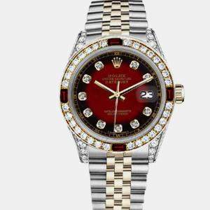 Rolex Customised Red Vignette Diamond 18K Yellow Gold Stainless Steel Datejust 16013 Automatic Men's Wristwatch 36mm