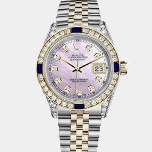 Rolex Customised Pink MOP Diamond 18K Yellow Gold Stainless Steel Datejust 16013 Automatic Men's Wristwatch 36mm