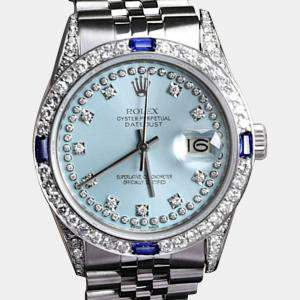 Rolex Customised Ice Blue Diamond Stainless Steel Datejust 16014 Automatic Men's Wristwatch 36mm