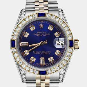 Rolex Customised Blue Diamond 18K Yellow Gold Stainless Steel Datejust 16233 Automatic Men's Wristwatch 36mm