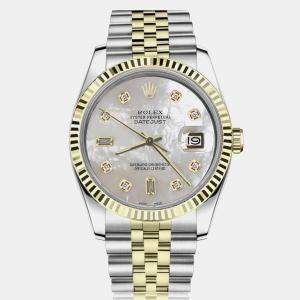 Rolex Customised White MOP Diamond Stainless Steel Datejust 16233 Automatic Men's Wristwatch 36mm