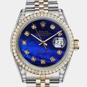 Rolex Customised Blue Diamond Stainless Steel Oyster Perpetual Datejust 16233 Automatic Men's Wristwatch 36mm