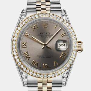 Rolex Customised Grey Diamond 18K Yellow Gold Stainless Steel Datejust 16233 Automatic Men's Wristwatch 36mm