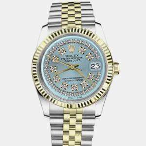 Rolex Customised Ice Blue Diamond Stainless Steel Datejust 16013 Automatic Men's Wristwatch 36mm