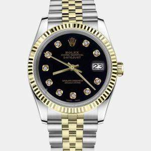 Rolex Customised Black Diamond 18K Yellow Gold Datejust 16013 Automatic Men's Wristwatch 36mm