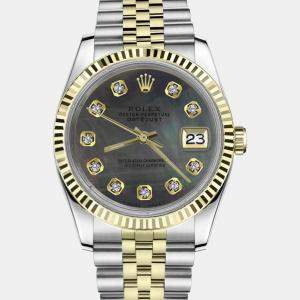 Rolex Customised Black MOP Diamond 18K Yellow Gold Stainless Steel Datejust 16013 Automatic Men's Wristwatch 36mm