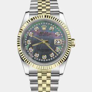 Rolex Customised Black MOP Diamond Stainless Steel Datejust 16013 Automatic Men's Wristwatch 36mm