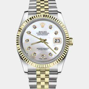 Rolex Customised White MOP Diamond Stainless Steel Datejust 16233 Automatic Men's Wristwatch 36mm